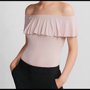 Express off the shoulder ruffle, thong bodysuit